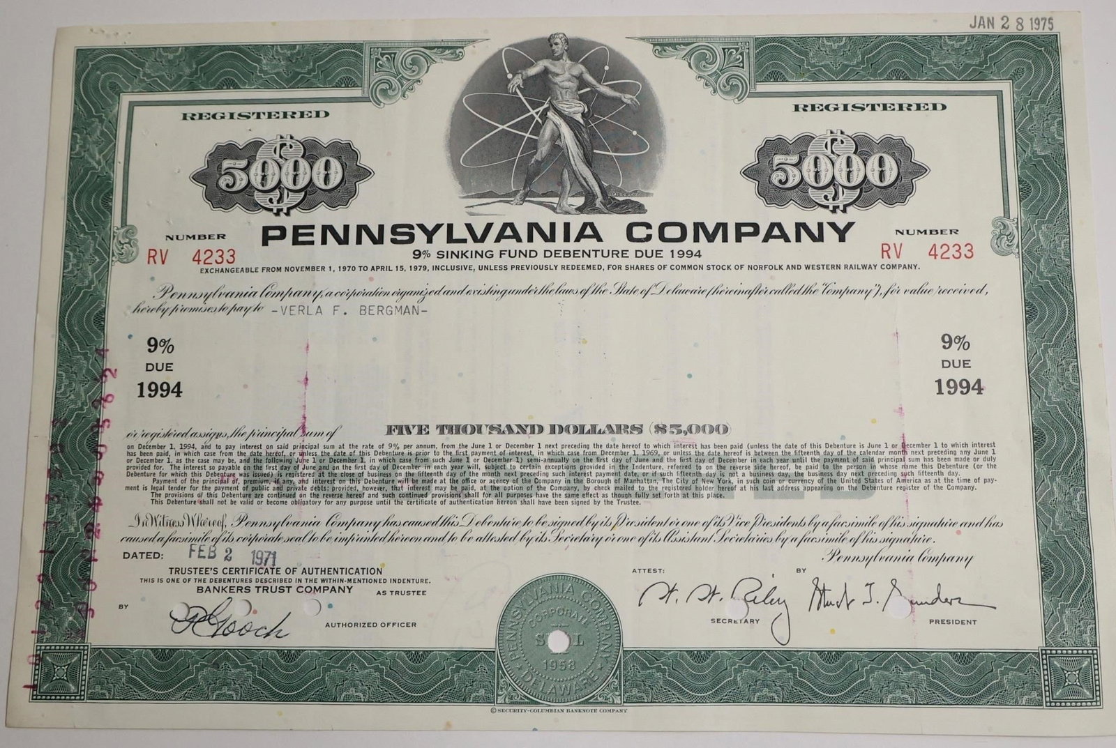Pennsylvania Company 9% Sinking Fund: A 9% Sinking Fund Debenture bond certificate from the Pennsylvania Company, due in 1994.