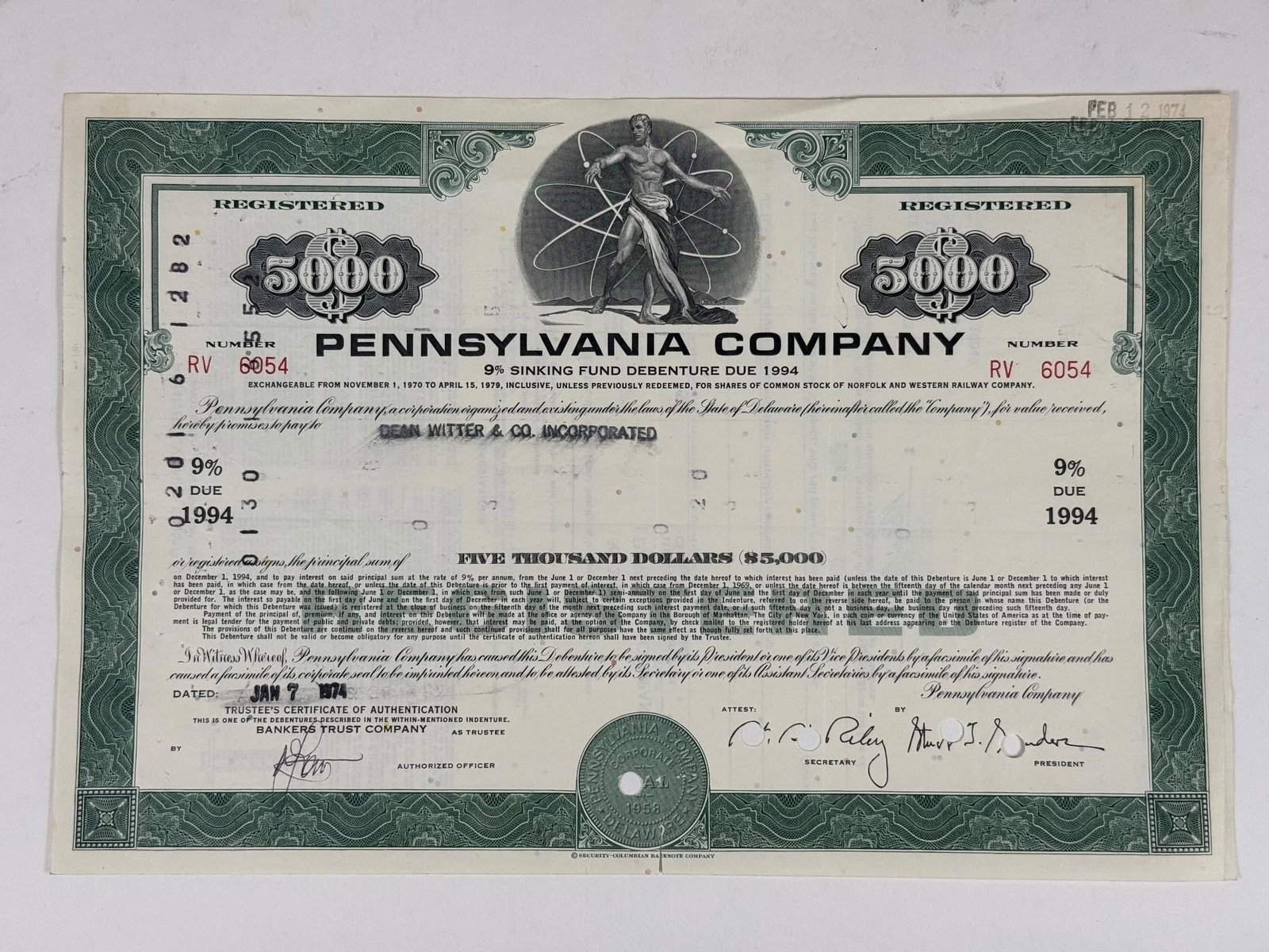 Pennsylvania Company $5,000 9% Sinking Fund: A $5,000 9% Sinking Fund Debenture bond certificate from the Pennsylvania Company, dated January 7, 1974, and due in 1994. Issued during the Penn Central era, this certificate is commonly collected