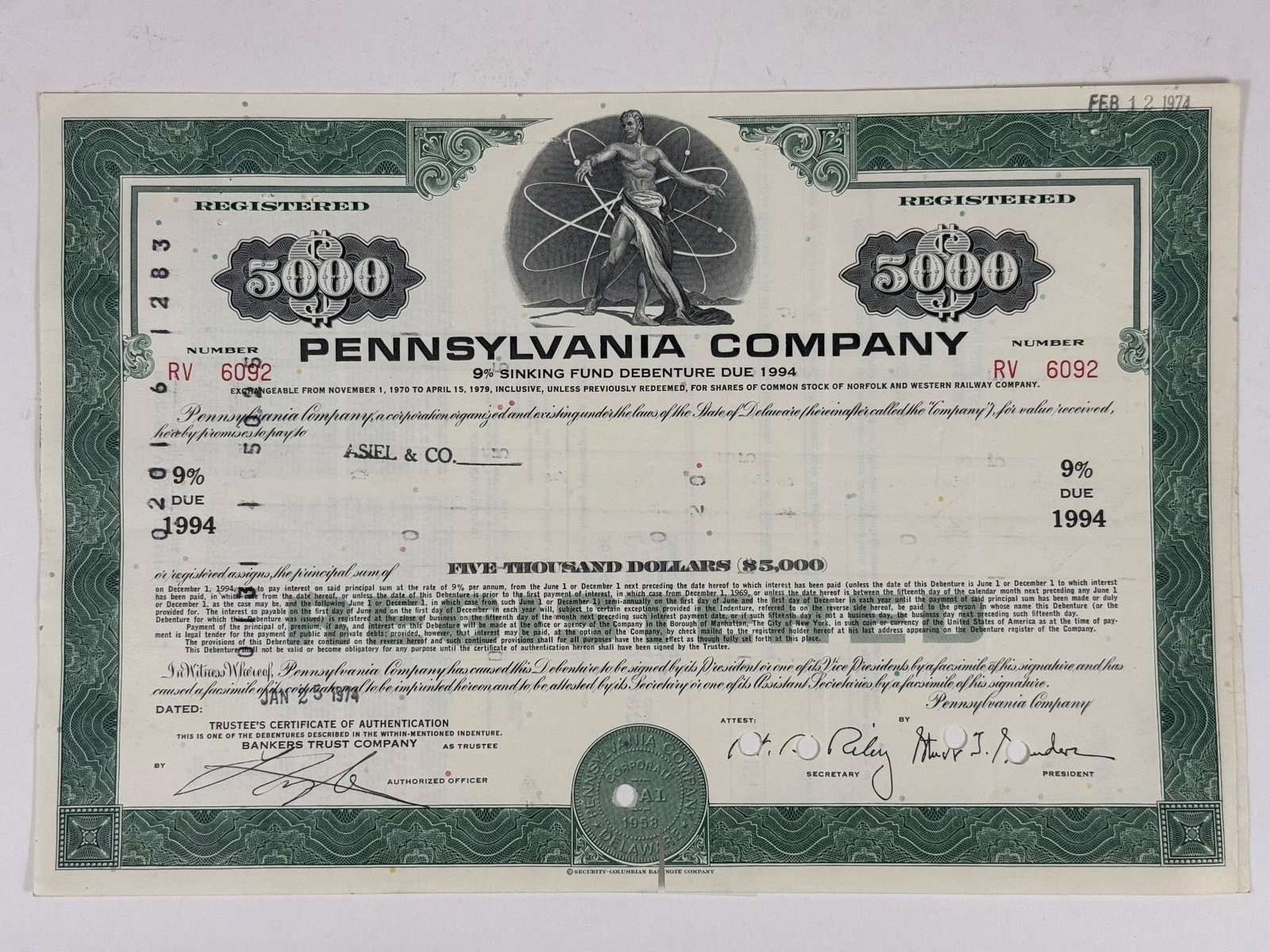 Pennsylvania Company $5,000 9% Sinking: A $5,000 9% Sinking Fund Debenture bond certificate from the Pennsylvania Company, due in 1994, collected today for its historical and railroad memorabilia value.