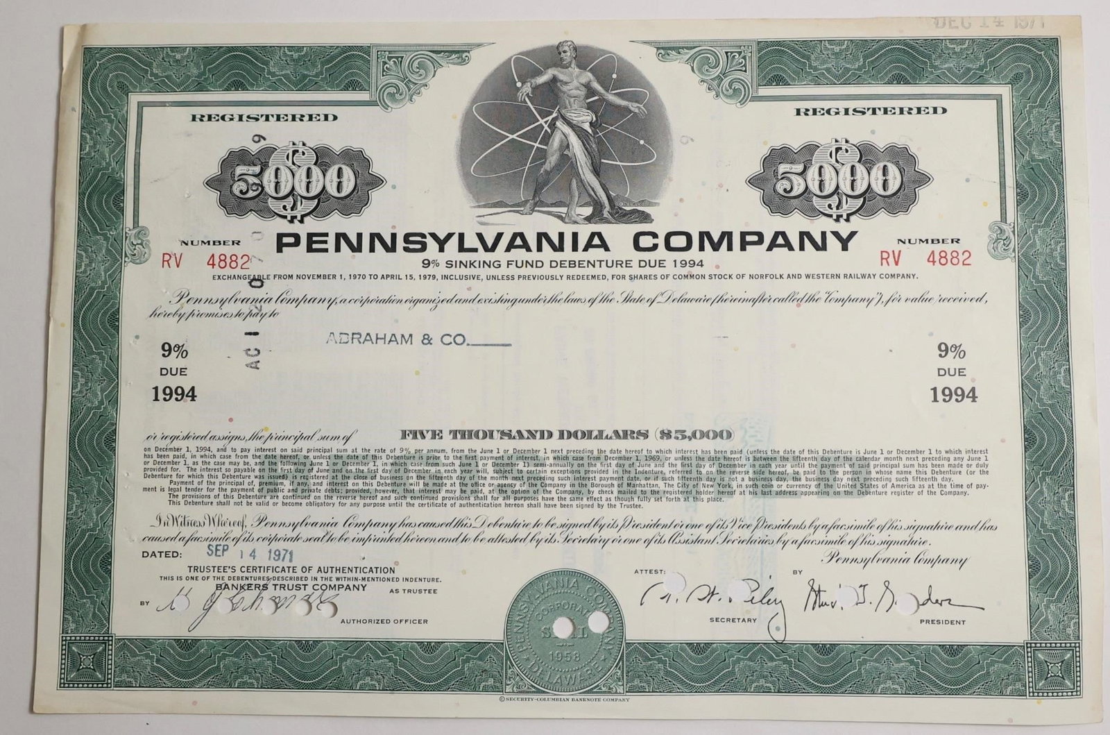 Pennsylvania Company $5,000 9% Sinking Fund: A $5,000 9% Sinking Fund Debenture bond certificate from the Pennsylvania Company, dated September 14, 1971, and due in 1994.
