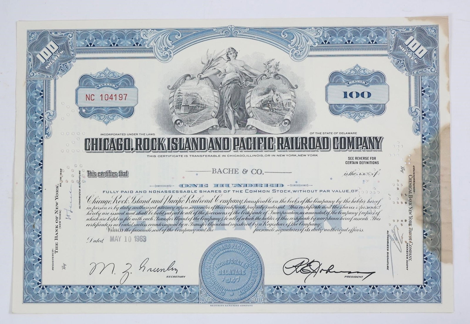ChicagoRock Island&Pacific RR100 Share Certificate (1 of 2)