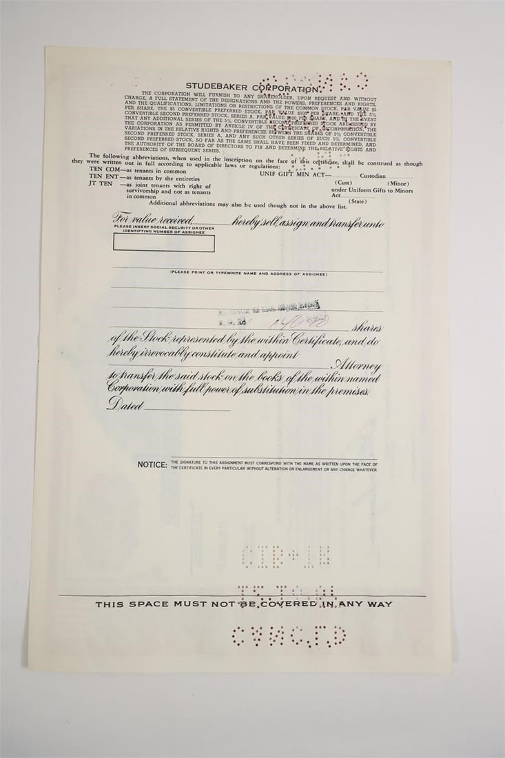 Studebaker Corporation Common Stock Certificate - 2