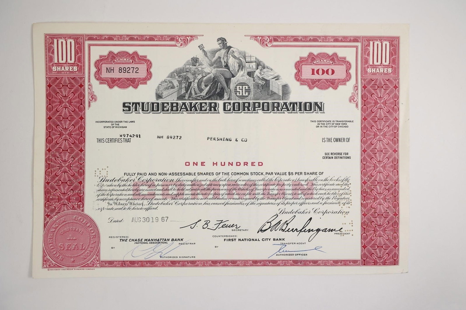 Studebaker Corporation Stock Certificate: This is an original Studebaker Corporation stock certificate issued for one hundred shares of common stock, dated August 30, 1967.