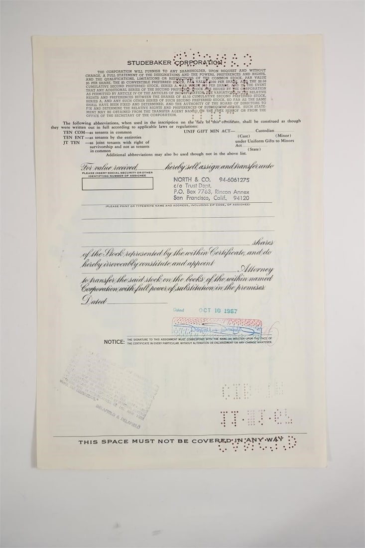 Studebaker Corporation Stock Certificate - 2