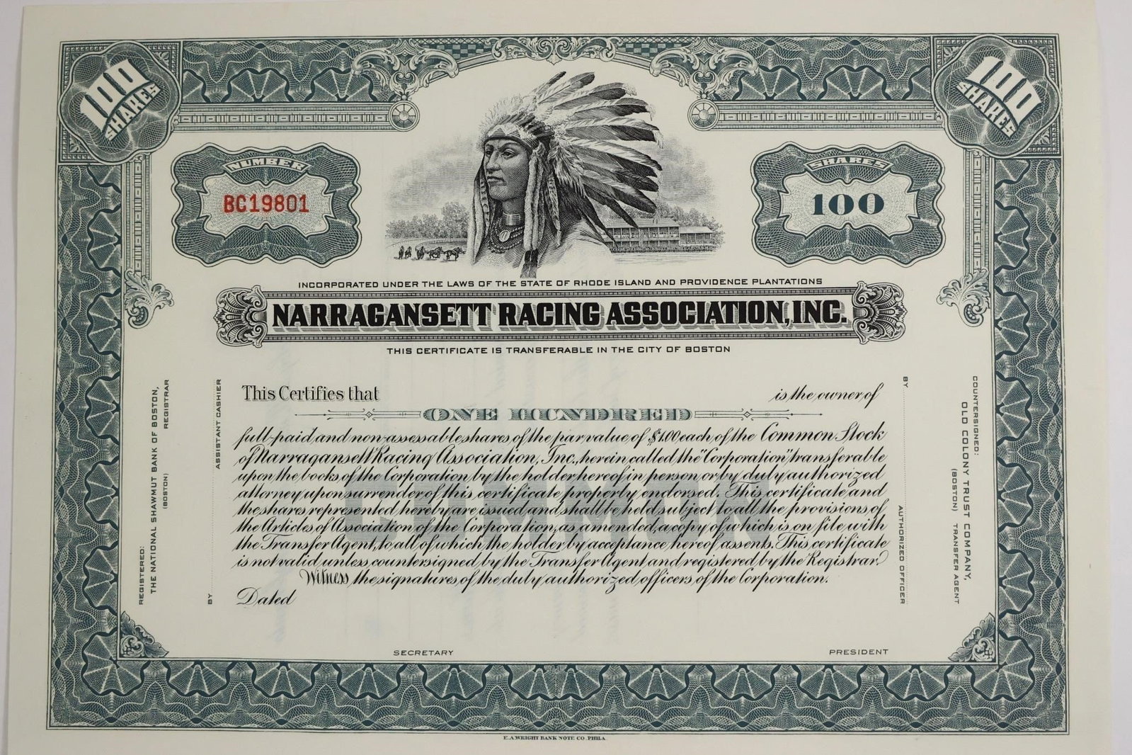 Narragansett Racing Association 100-Share: Unissued stock certificate for 100 shares of common stock, $100 par value, from Narragansett Racing Association, Inc.