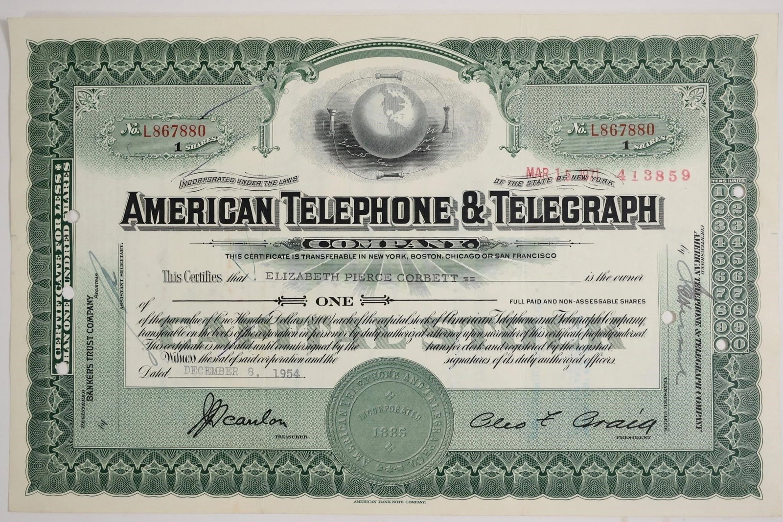 AT&T 1-Share Stock Certificate: American Telephone & Telegraph stock certificate, issued December 8, 1954, for one share to Elizabeth Pierce Corbett.