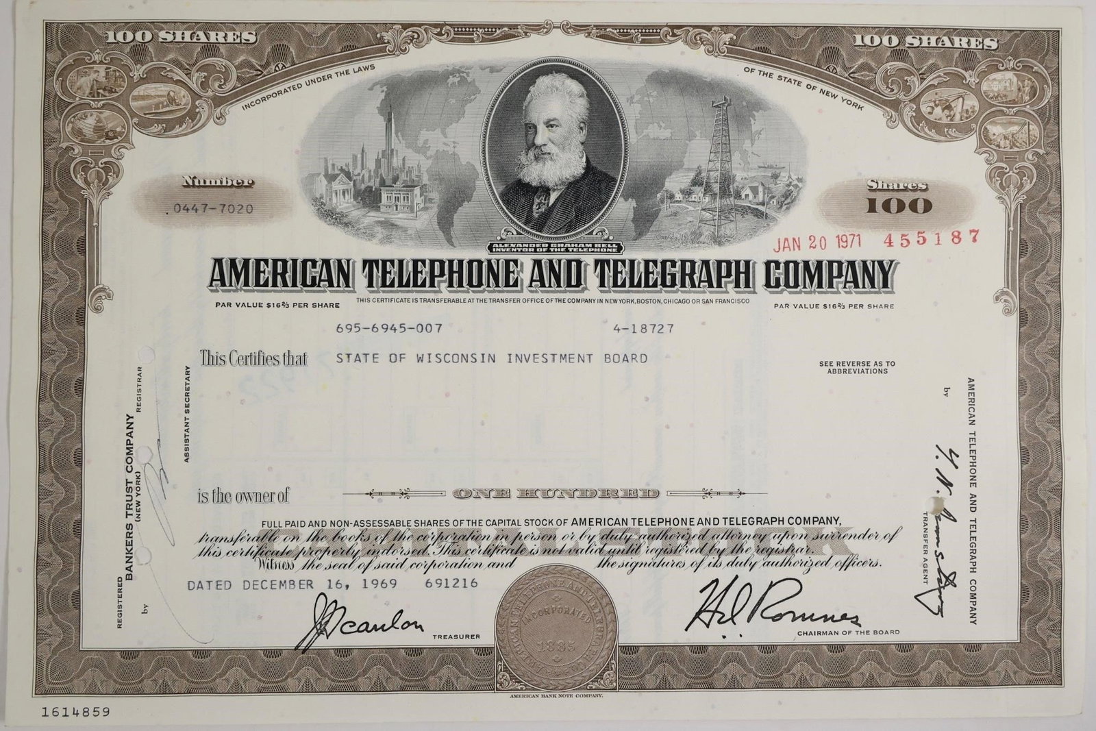 AT&T Stock Certificate - State of Wisconsin (1 of 2)