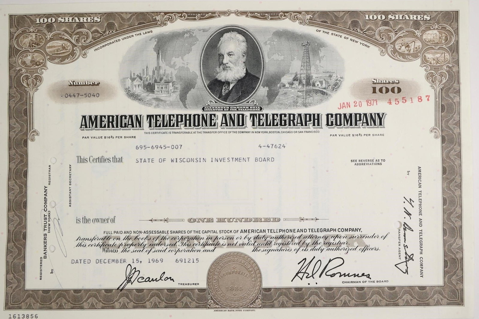 American Telephone and Telegraph Company: It is for 100 shares, issued on December 15, 1969, to the State of Wisconsin Investment Board.