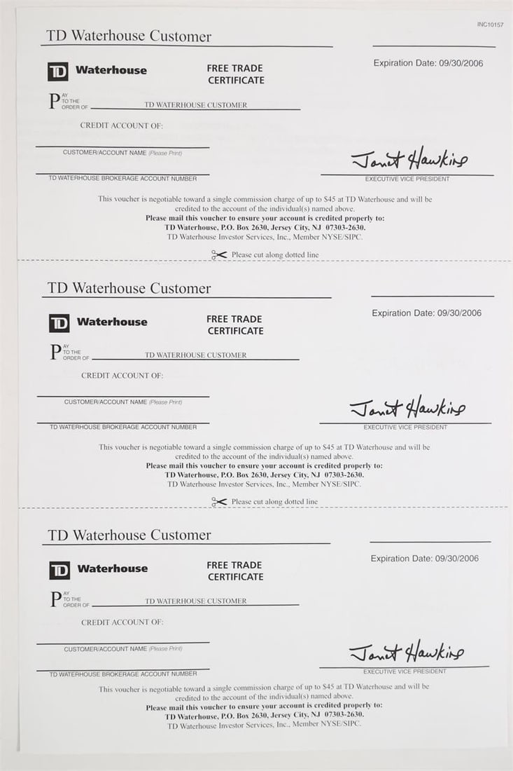 TD Waterhouse Free Trade Certificates (2006): The image displays three copies of a "Free Trade Certificate" from TD Waterhouse, which was the previous name for TD Direct Investing. The certificates offer a single commission charge credit of up