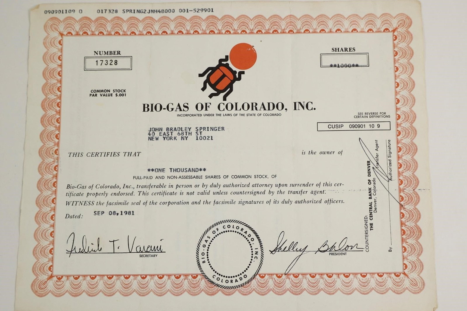 1981 Bio-Gas of Colorado Stock Certificate: Stock certificate for Bio-Gas of Colorado, Inc., issued September 8, 1981.