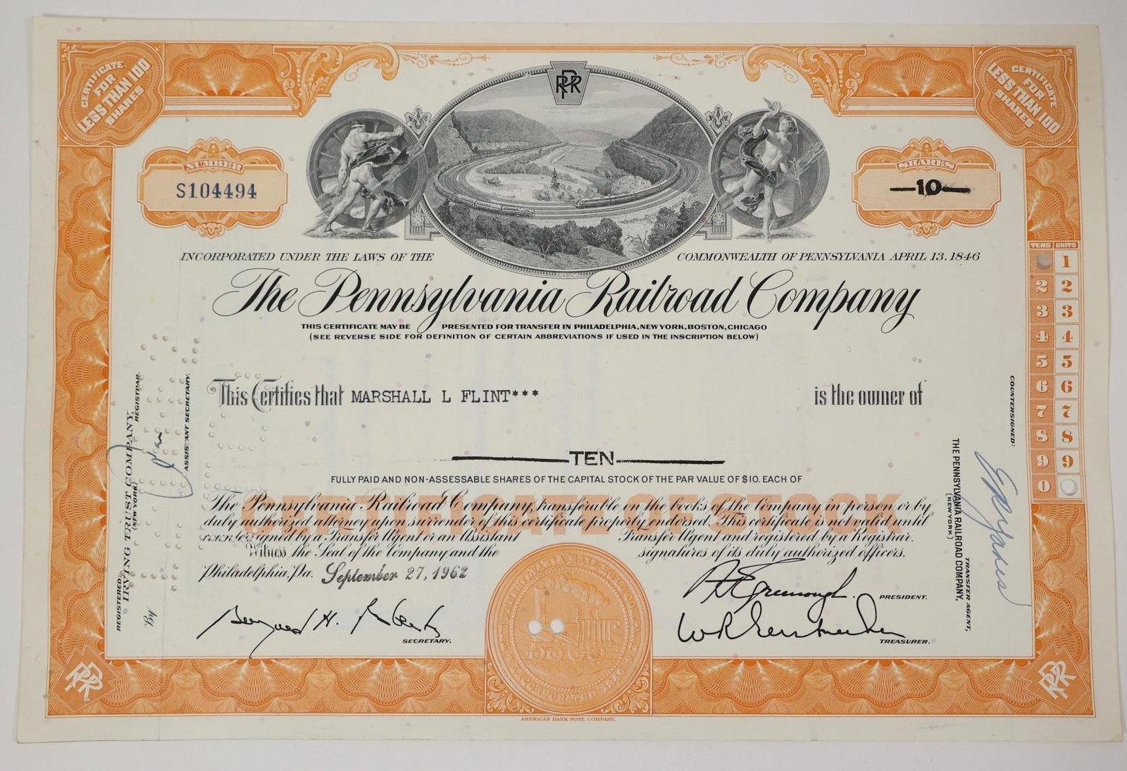 Pennsylvania Railroad Stock Certificate 1962 (1 of 2)