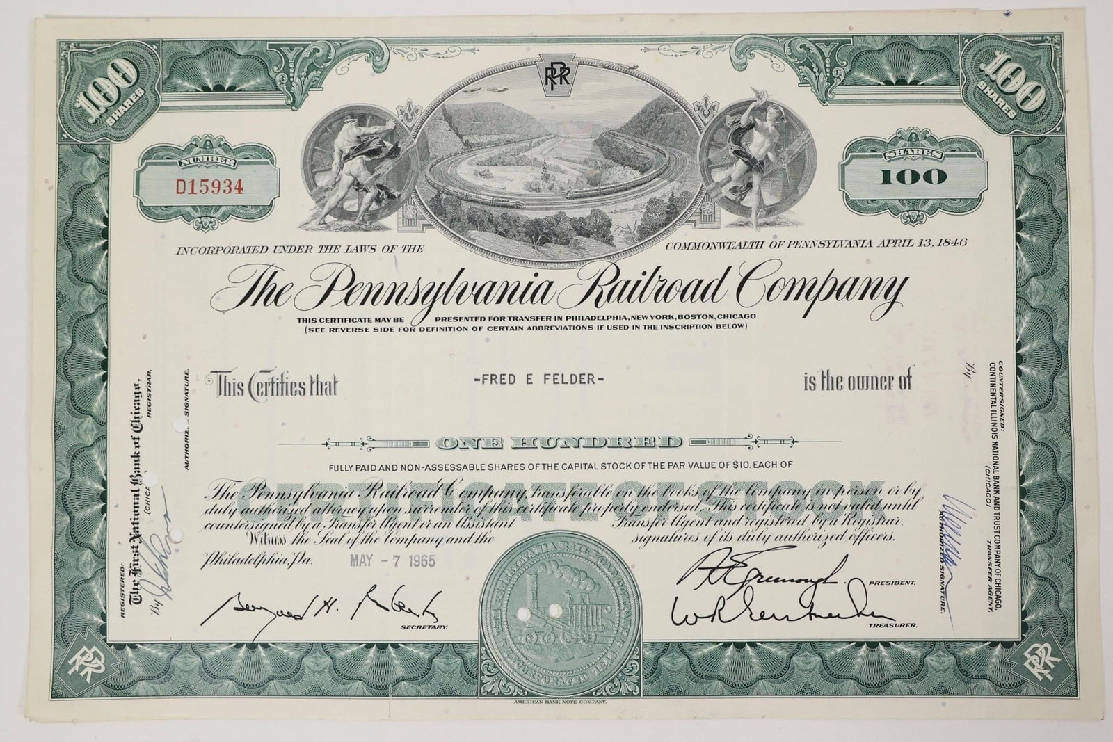 Pennsylvania Railroad Stock Certificate 1965 (1 of 4)