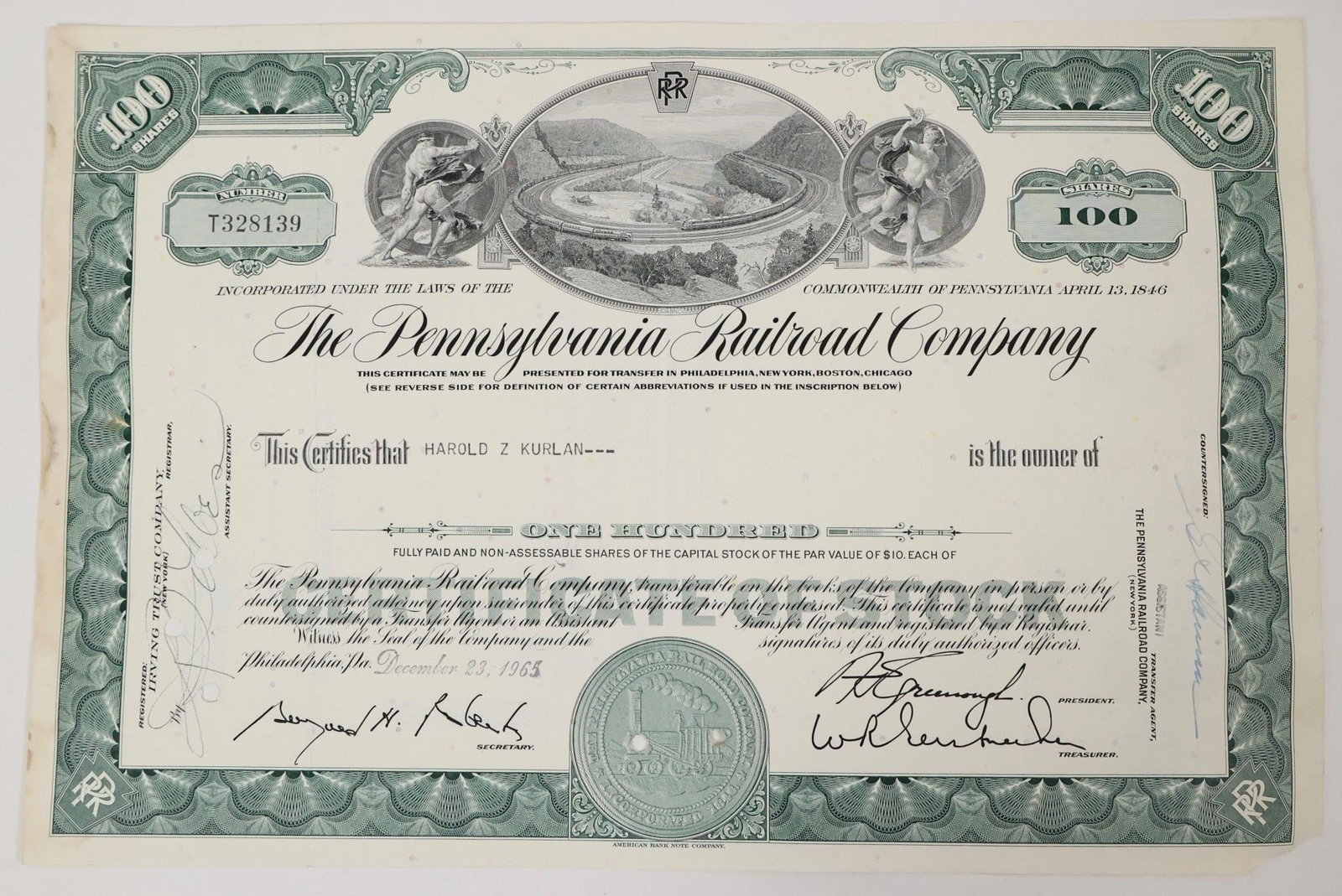 Pennsylvania Railroad Stock Certificate 1965 (1 of 2)