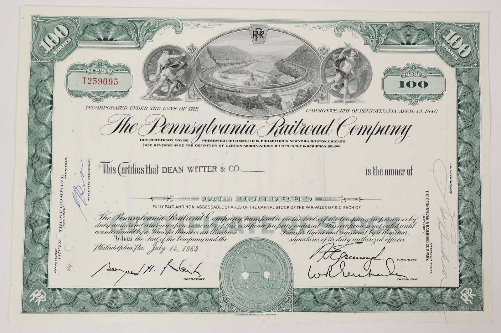 Pennsylvania Railroad Stock Certificate 1964: Vintage Pennsylvania Railroad Company stock certificate for 100 shares, issued on July 14, 1964. These certificates are popular historical collectibles, often valued for their intricate design featuri