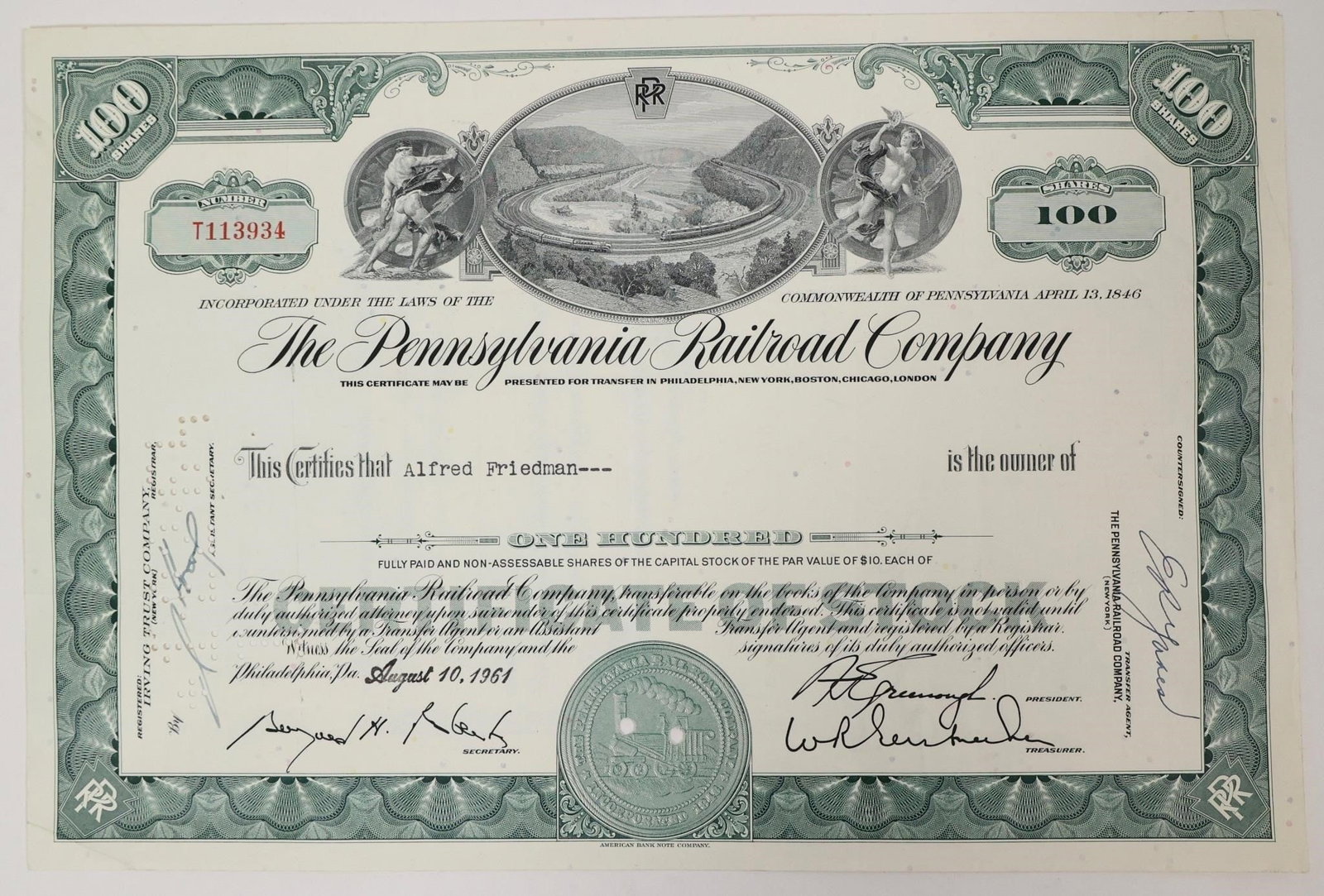 Pennsylvania Railroad Stock Certificate 1961: Vintage Pennsylvania Railroad Company stock certificate for 100 shares, issued on August 10, 1961, to Alfred Friedman.