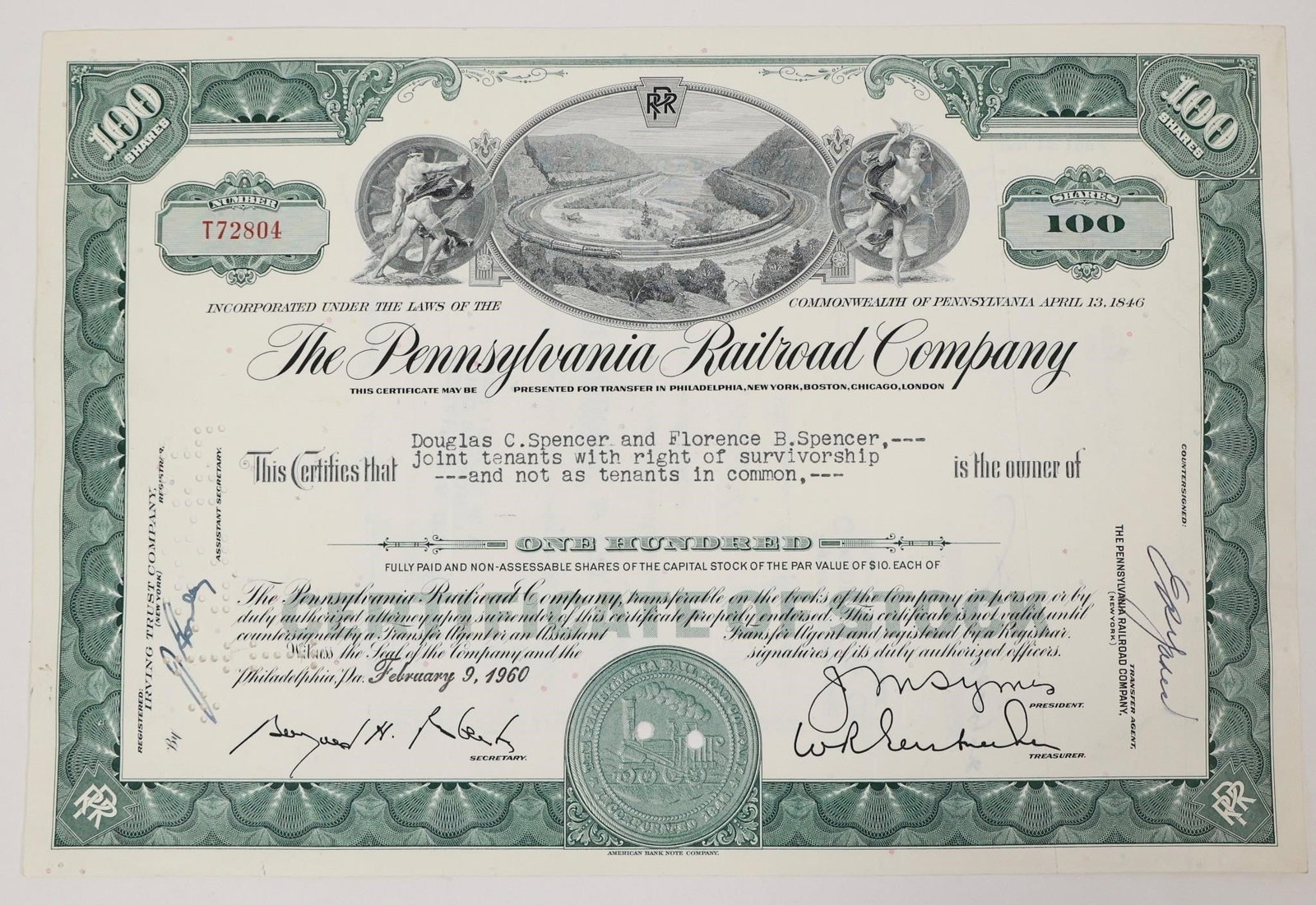 Pennsylvania Railroad Stock Certificate 1960s: Vintage 1960s Pennsylvania Railroad Company stock certificate for 100 shares, sought after as a historical collectible.