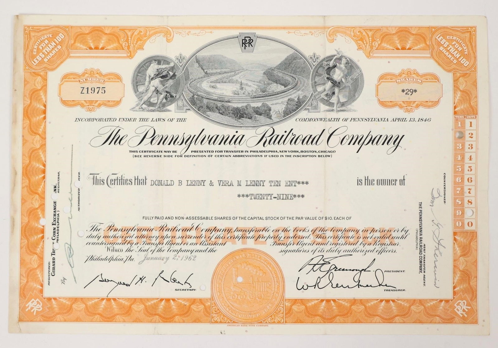 Pennsylvania Railroad Stock Certificate 1962 (1 of 2)