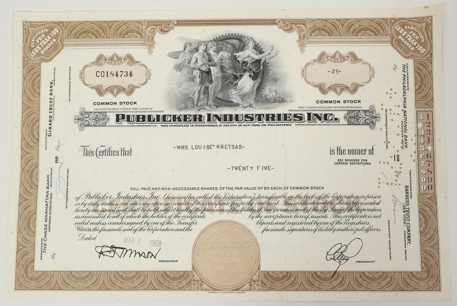 Publicker Industries Stock Certificate 1968 (1 of 2)