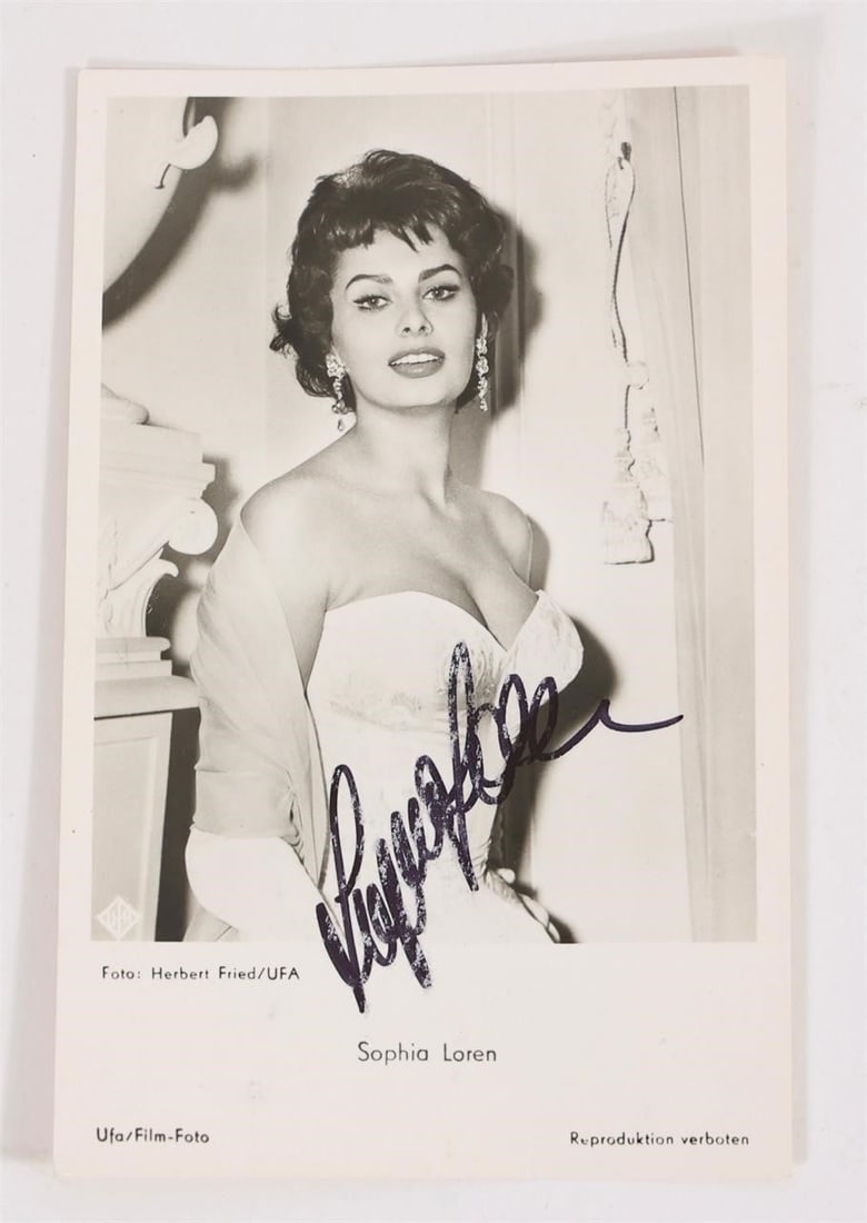 Sophia Loren Signed UFA Postcard: SOPHIA LOREN(Italian film diva and screen legend)A very old, original film art postcard produced by Universum-Film AG Berlin (UFA), No. FK 3853, featuring a highly erotic image of Sophia Loren and