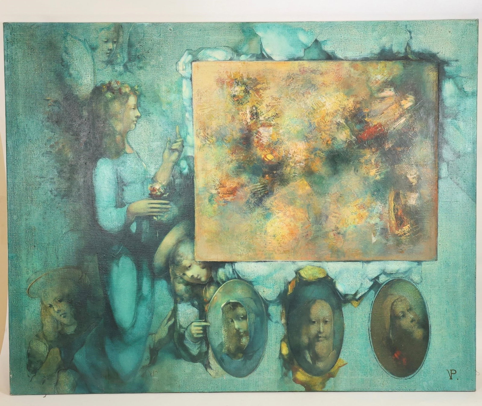 Vanikyan Paylak "Gates of Paradise" Oil on Canvas: Oil on canvas by Vanikyan Paylak, dated 1998, titled "Draghti Dur" ("Gates of Paradise"). The composition features a layered and symbolic scene combining figurative elements with abstract forms and te