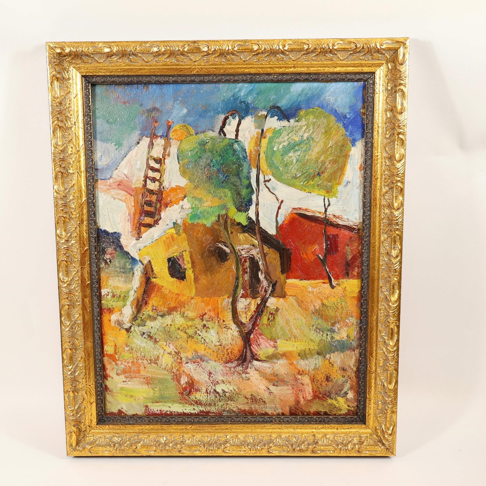 Gabo (Gabriel Manoukian) Village Landscape, 1975: Original painting by Armenian artist Gabriel Manoukian (Gabo). This colorful composition depicts a stylized village scene with cottages, trees, and expressive brushwork rendered in the artist's distin