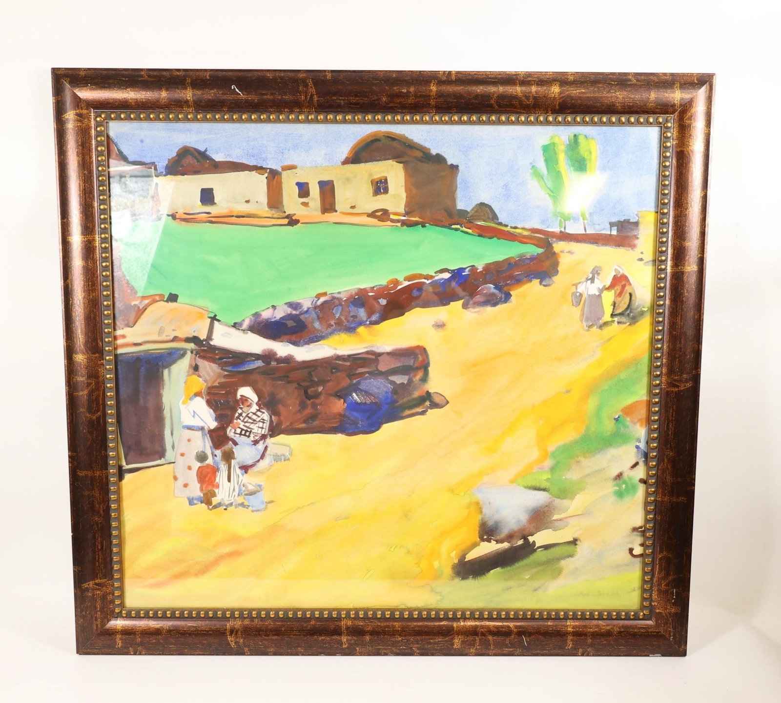 Petros Malayan Village Scene Watercolor, 1966: Framed watercolor painting by Armenian artist Petros Malayan, dated 1966 per handwritten notation on the reverse. The composition depicts a rural village landscape with figures along a sunlit path, re