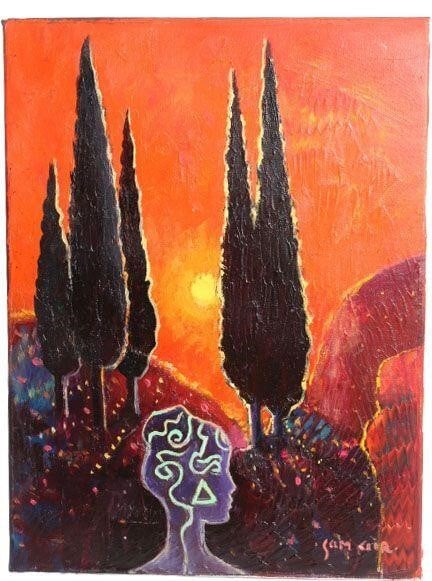 "Orange Sunset" by Sam Air: Samvel Airapetyan (Sam Air)Oil on canvas.Painting is not framed.Dimensions: 12" x 16"