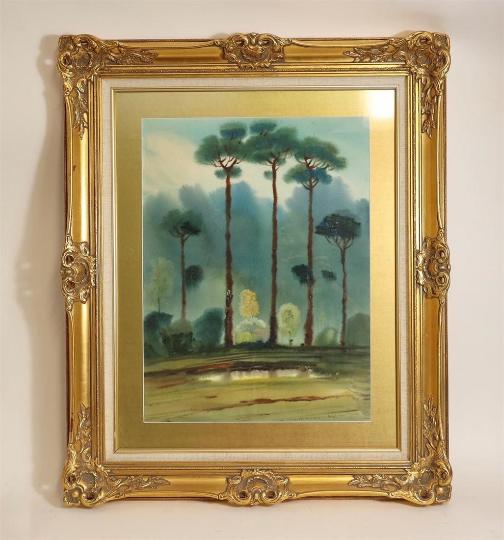 Artashes Hunanyan Watercolor Landscape: Watercolor on paper by Artashes Hunanyan depicting a serene landscape with tall, slender trees rising above a softly rendered natural setting. The composition features a calm palette of blues and
