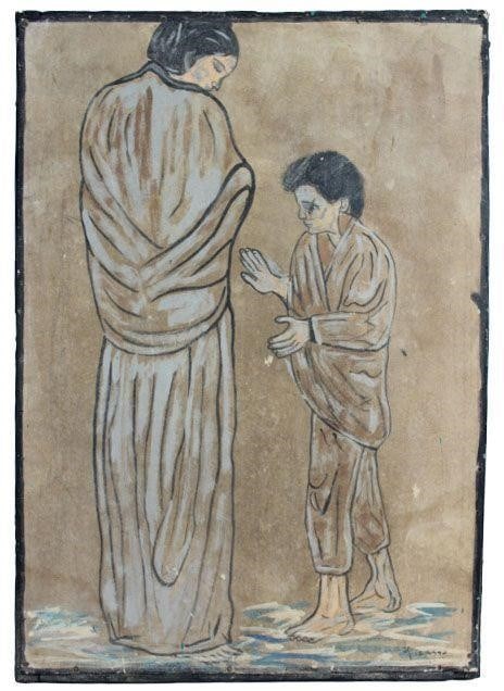 Featuring Two Person in Robes / Attr Picasso: Gouache on board. Featuring two person in robes. Signed Picasso on the lower right corner. Attributed to Pablo Picasso (1881-1973, Spanish). 71 x 50 cm (28 x 20 inch).Artist or MakerBoard is not frame