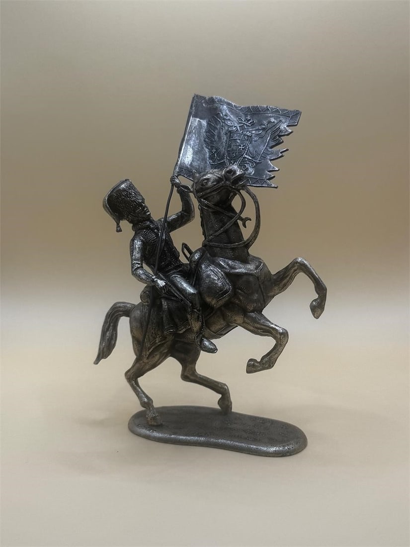 Vintage Pewter Soldier on Horse with Flag: Dimensions: 3in X 5in X 2inSeparate piecesPewter lead Soldier on a horse.