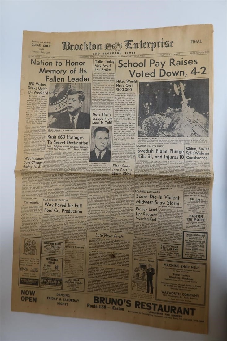 Brockton Enterprise JFK Memorial Final Edition: Brockton Enterprise and Brockton Times final edition newspaper featuring the headline "Nation to Honor Memory of Its Fallen Leader." Original vintage issue with front-page coverage following the