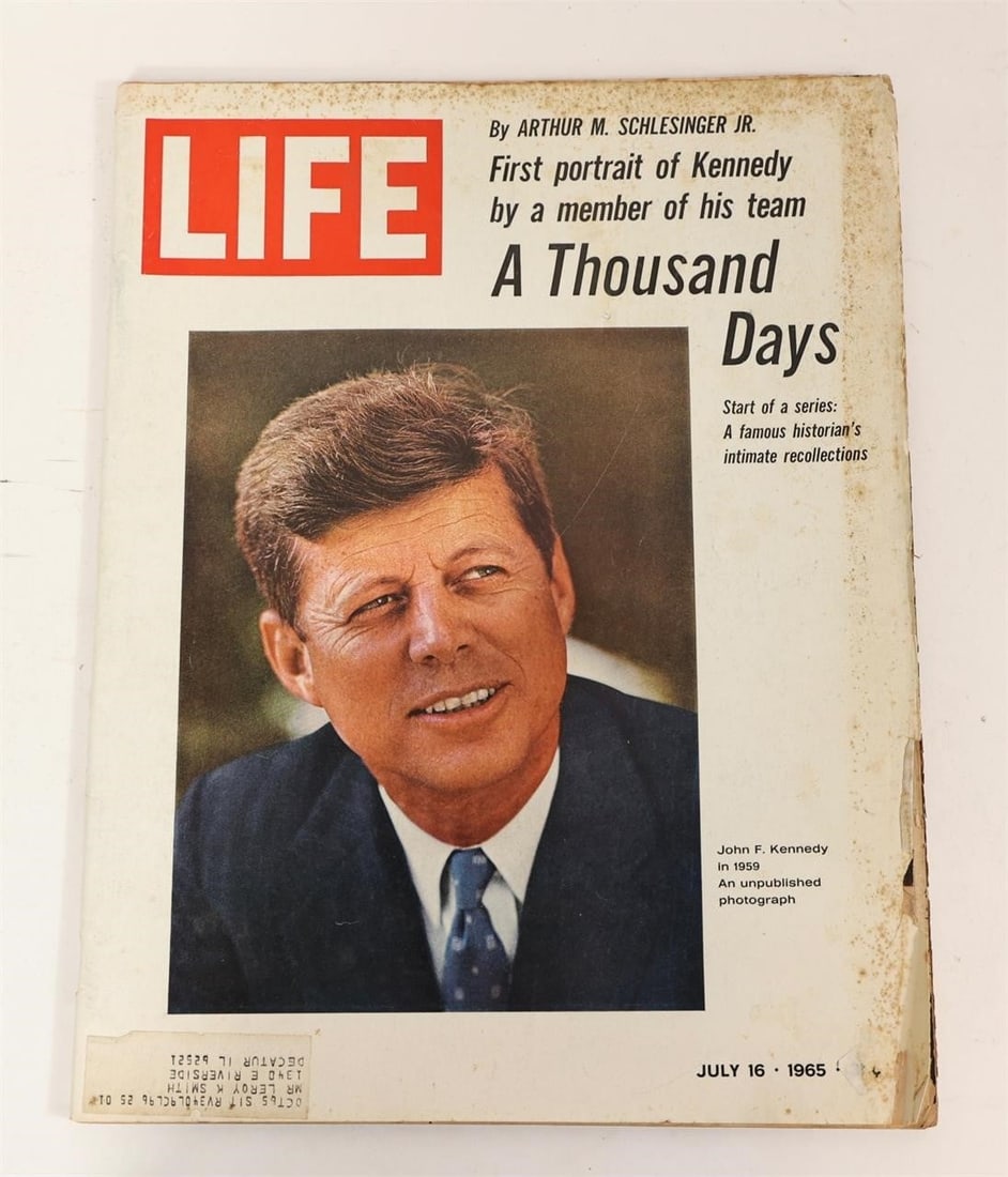 1965 LIFE JFK "A Thousand Days" Issue: LIFE magazine issue dated July 16, 1965 featuring President John F. Kennedy on the cover with the headline "A Thousand Days." The issue includes Arthur M. Schlesinger Jr.'s first portrait of Kennedy