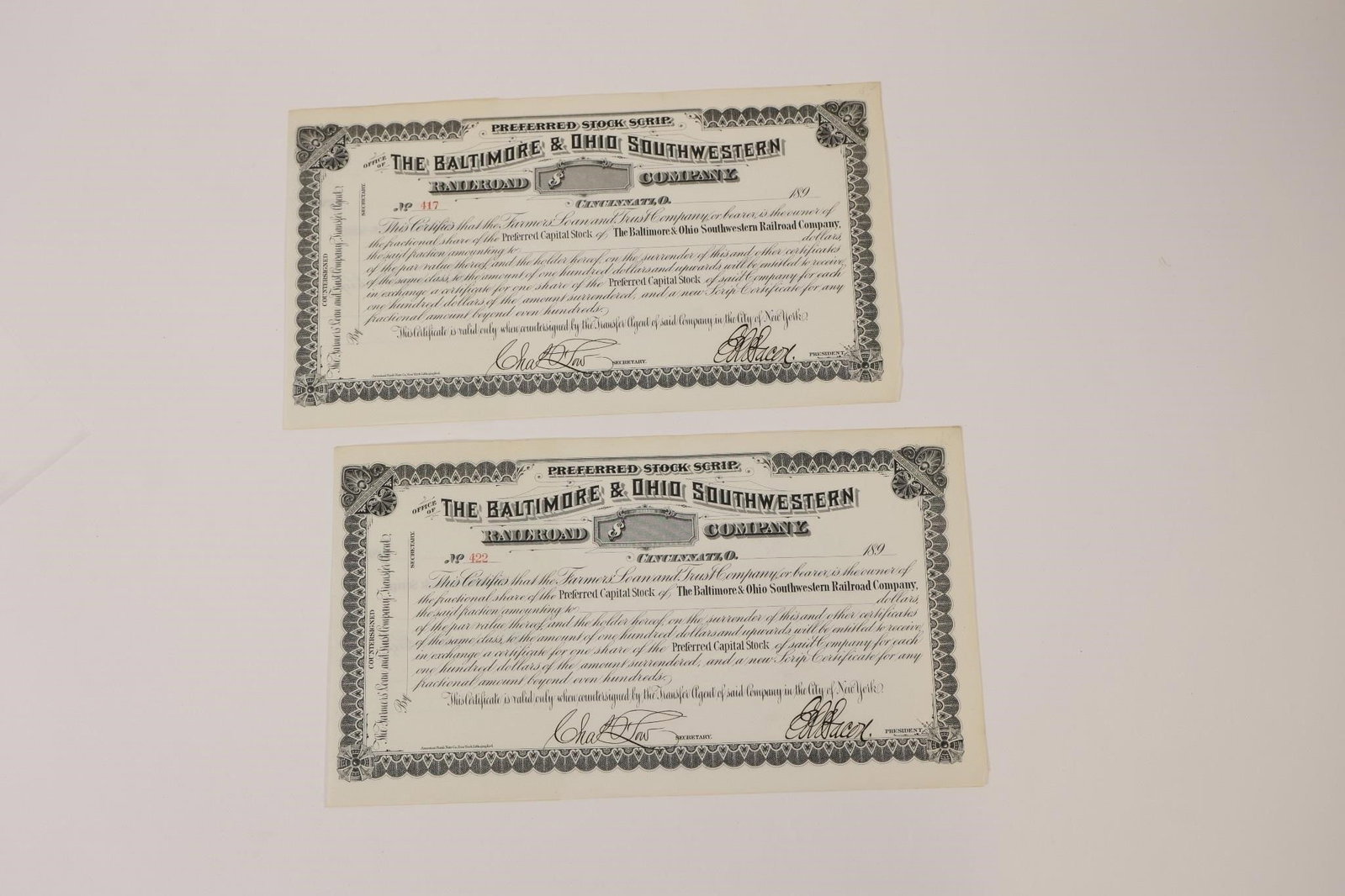 2 B&O Southwestern Stock Scrips (1 of 2)