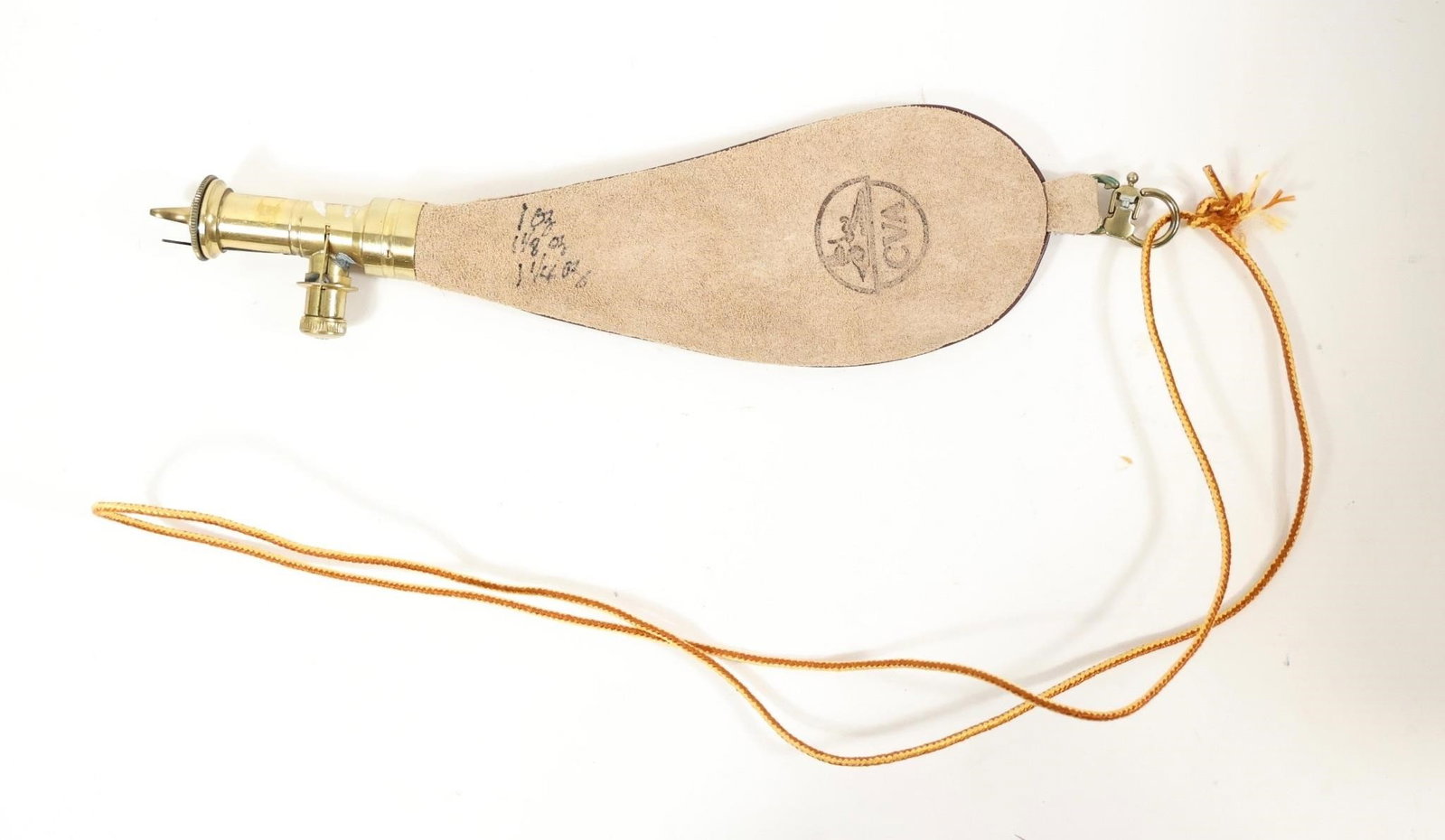 Brass and Suede Shot Flask: The item in the image is a CVA (Connecticut Valley Arms) leather powder flask. These accessories are used by muzzleloader enthusiasts to safely carry and dispense black powder or Pyrodex for loading
