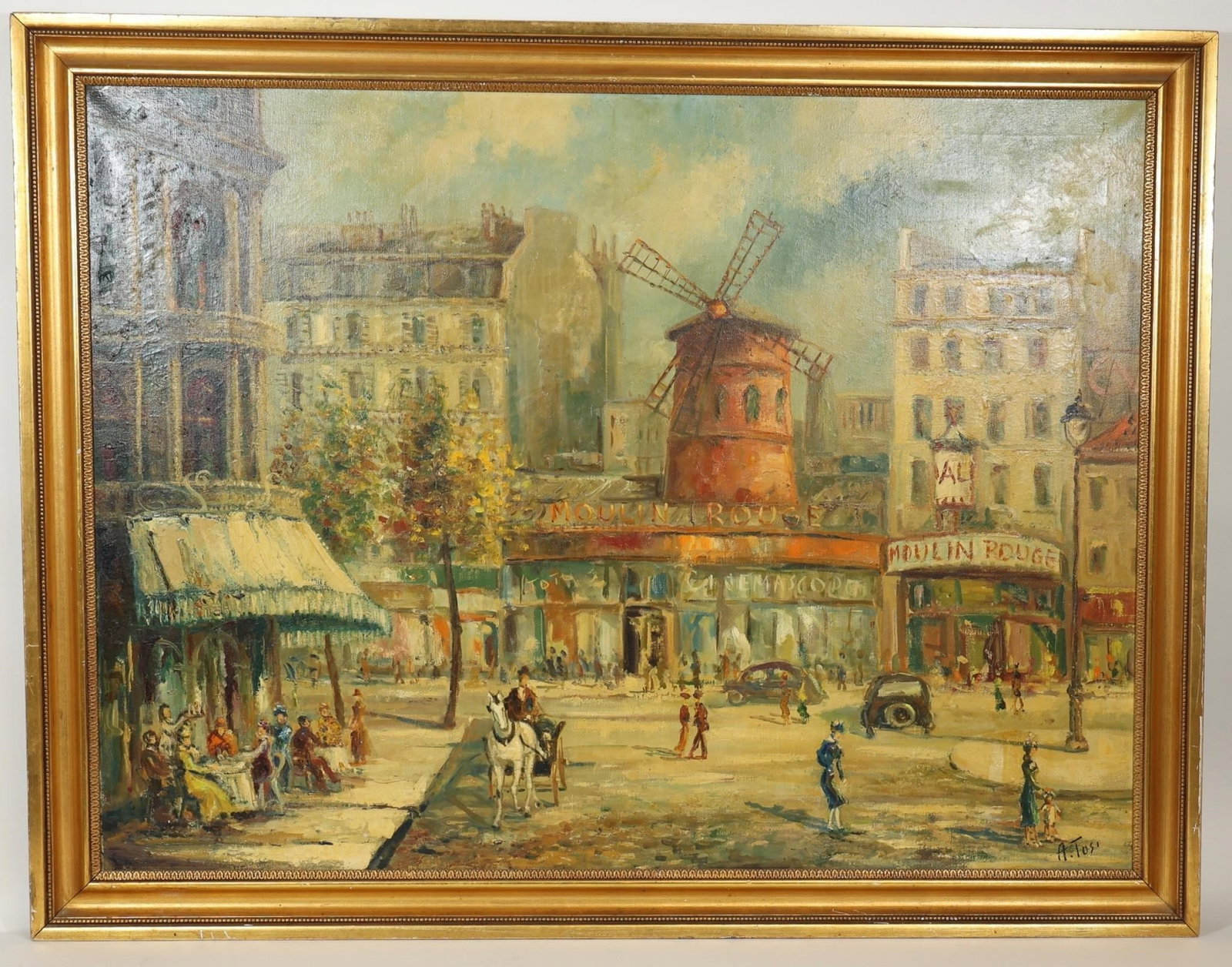 Arturo Tosi Moulin Rouge: Oil painting depicting the Moulin Rouge in Paris with street figures, carriage, and surrounding architecture, signed lower right "A. Tosi." Presented in an ornate gilt frame with lively color and