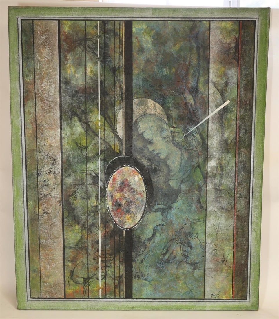 Armenian Surrealist Oil Painting, 1995: Original oil on canvas by an Armenian artist, dated 1995, featuring a dreamlike surrealist composition with ethereal figures, layered abstract forms, and rich green, blue, and earth-tone hues. The