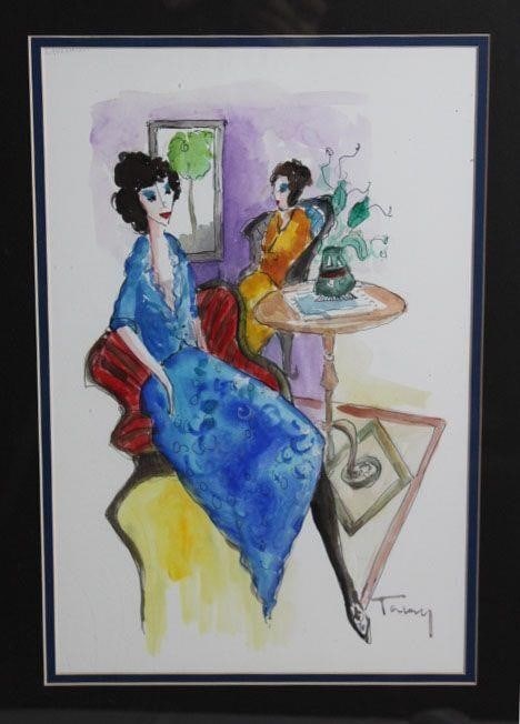 Itzchak Tarkay Seated Ladies: Itzchak Tarkay(1935-2012) Original watercolor on paper.Hand signed by artist. Includes certificate of authenticity signed by artist's widow Bruria Tarkay. Year: 2007Size: 15" x 11"Dimensions with fram