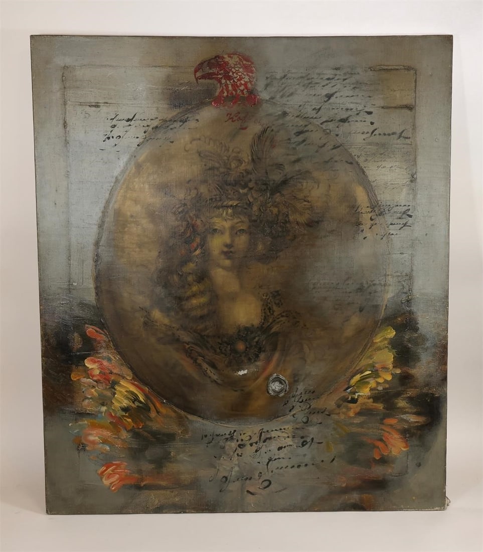 Vanikyan Kaytsak "Portrait" Oil on Canvas: Oil on canvas by Vanikyan Kaytsak titled "Portrait." The composition features a stylized female portrait within a circular form, surrounded by layered abstract elements and decorative motifs.Inscribed