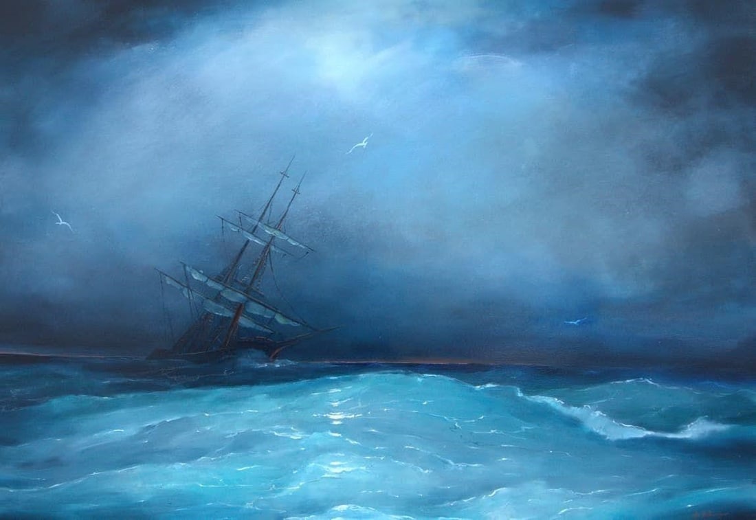 Ghost Ship at Sea By Aren Nalbandyan: Ghost Ship at Sea By Aren Nalbandyan 2025 Oil On Canvas Dimensions: 47" x 67" (120cm x 170cm). The picture will be shipped from Armenia via FedEx. Shipping is already included in the price. Please not