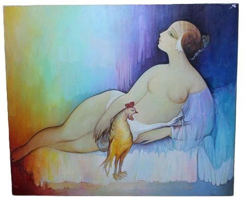 Lady and Rooster by Ruslan Nalbandyan: By Ruslan Nalbandyan: The work is by the artist.Painting is not framed.Dimensions: 15" x 18"Oil on canvas.2018
