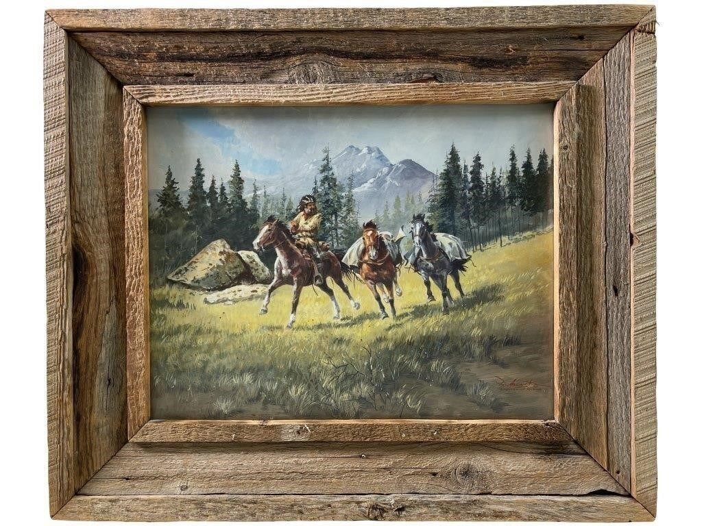 Painting by Paul Abram Jr: Attributed to Paul Abram Jr., depicting a Western scene of riders on horseback set against a mountainous landscape. Executed in pastel on board and presented in a rustic wood frame. Signed lower right