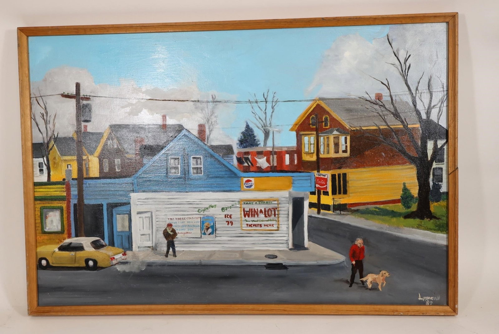 Janet Lippincott Street Scene Oil Painting: Janet Lippincott (1918-2007) oil on canvas depicting a street scene with buildings, figures, and surrounding neighborhood elements. The composition features a colorful setting with architectural