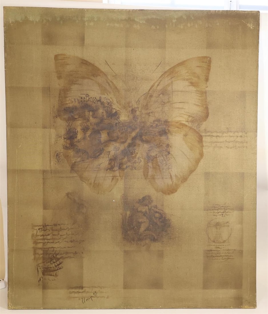 Suren Yeghiazaryan Butterfly Composition, 1995: Original mixed-media painting by Armenian artist Suren Yeghiazaryan of Yerevan, Davtashen, Armenia. This large-scale contemporary composition features a butterfly motif rendered in soft earth tones