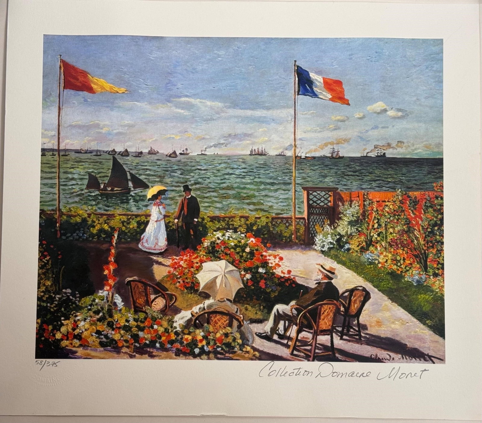 Claude Monet "Terrace by the Seaside" Giclée: Limited edition giclée reproduction of Terrace by the Seaside by Claude Monet, numbered 58/375. Image size 9 × 11 inches, exclusively commissioned for the Collection Domaine Monet and accompanied
