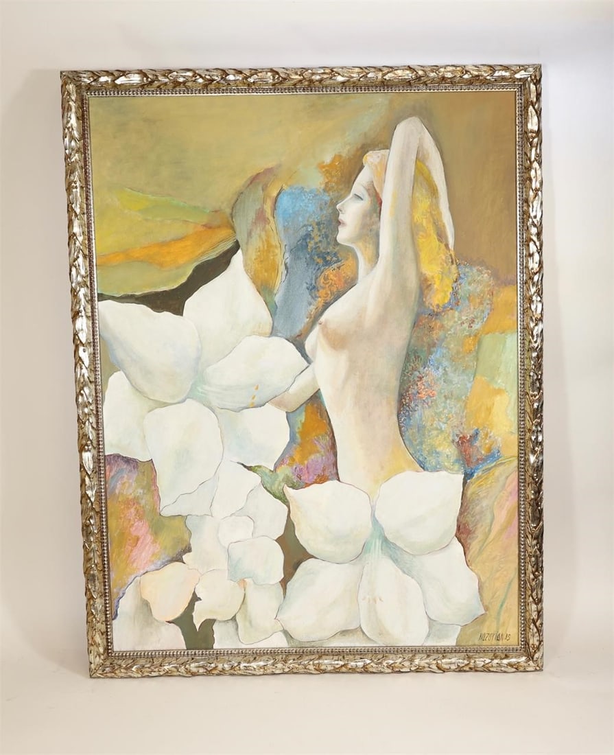 Iszchan Nazarian Oil on Canvas Nude Portrait: Oil on canvas by Iszchan Nazarian depicting a stylized nude female figure set against a colorful, abstract background with floral elements. The composition features soft tonal transitions and