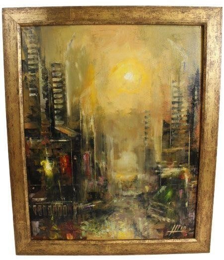Sun Over the City: Painting is framed.Dimensions: 19" x 22.5"Oil on canvasSigned HI2018The work was executed by an unknown hand.