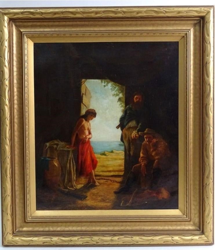 Antique Unknown Artist 19th Century - The Door: Antique Unknown Artist , Oil Painting "The Door" Measures 25 inches high x 23 inches high x 4 1/2 inch frame