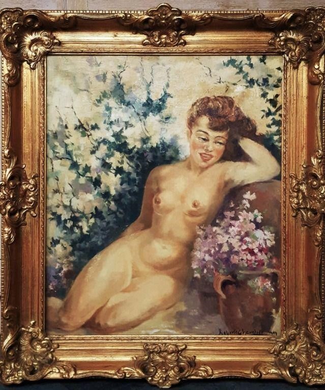 Au fond du jardin by Roberte Chevlier: Roberte Chevalier is a French painter and engraver. A student at the École des Beaux-Arts in Paris in 1925, she became a member of the Artistes Français, a Gold Medalist in Arts-Sciences-Letters, a
