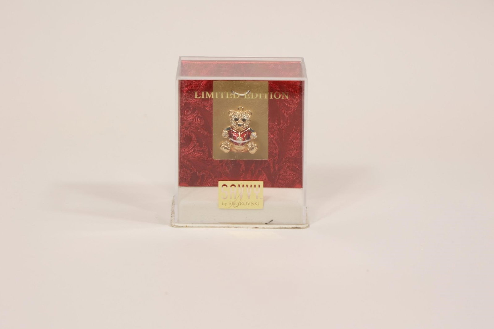 Vintage Savvy Swarovski Enamel Bear in Box: Vintage limited edition Savvy Swarovski enamel bear, decorated with sparkling crystals and fine enamel detailing; housed in its original display box, making it a charming collectible and decorative