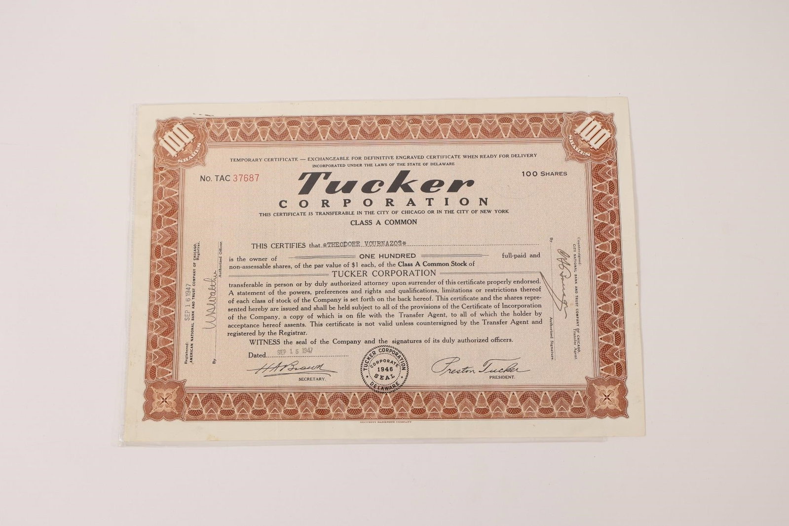 Tucker Corporation Stock Certificate (1 of 2)